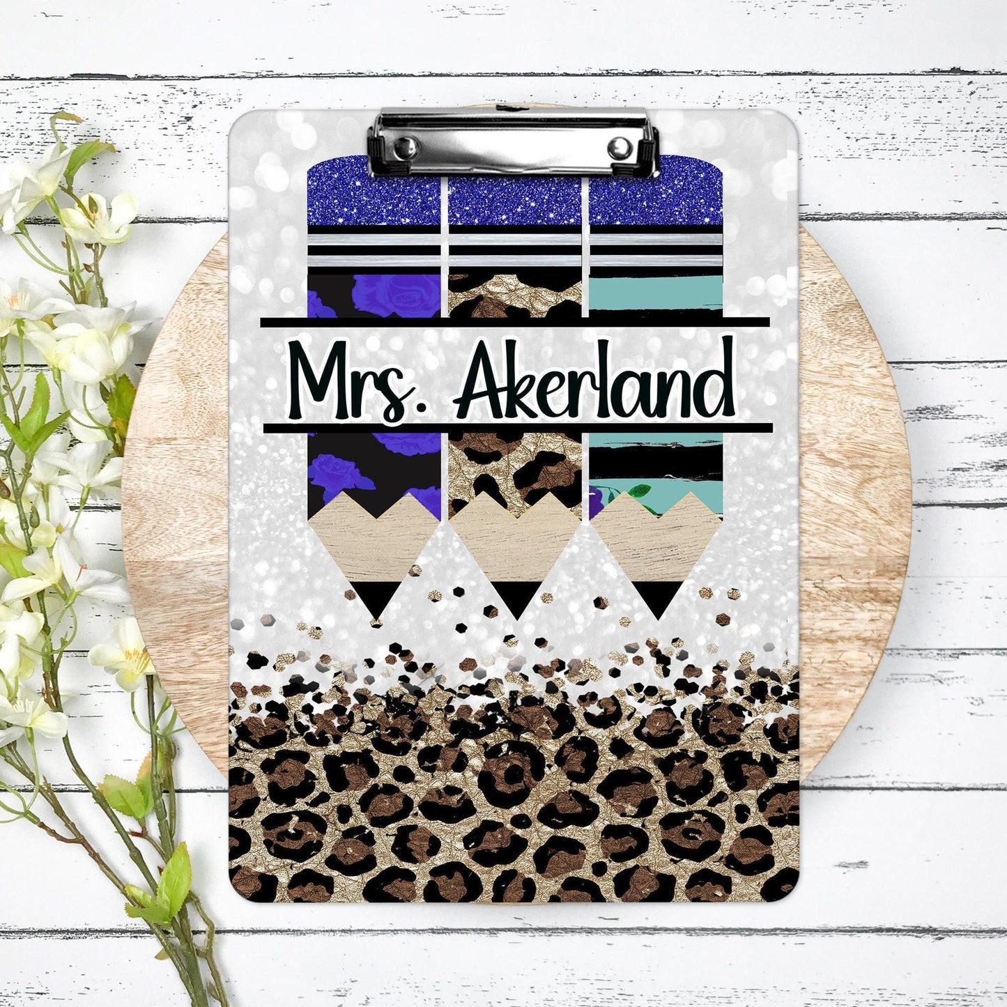 Blue Leopard Teacher Clipboard with Personalization Front and Back Gift for Teachers - Double Sided