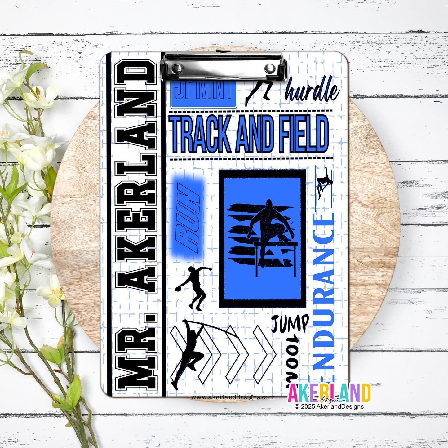 Blue Track and Field Clipboard Design is printed on the front and back with a smooth glossy surface (Not Stickers) 6x9 inch or 9x12.5 inch