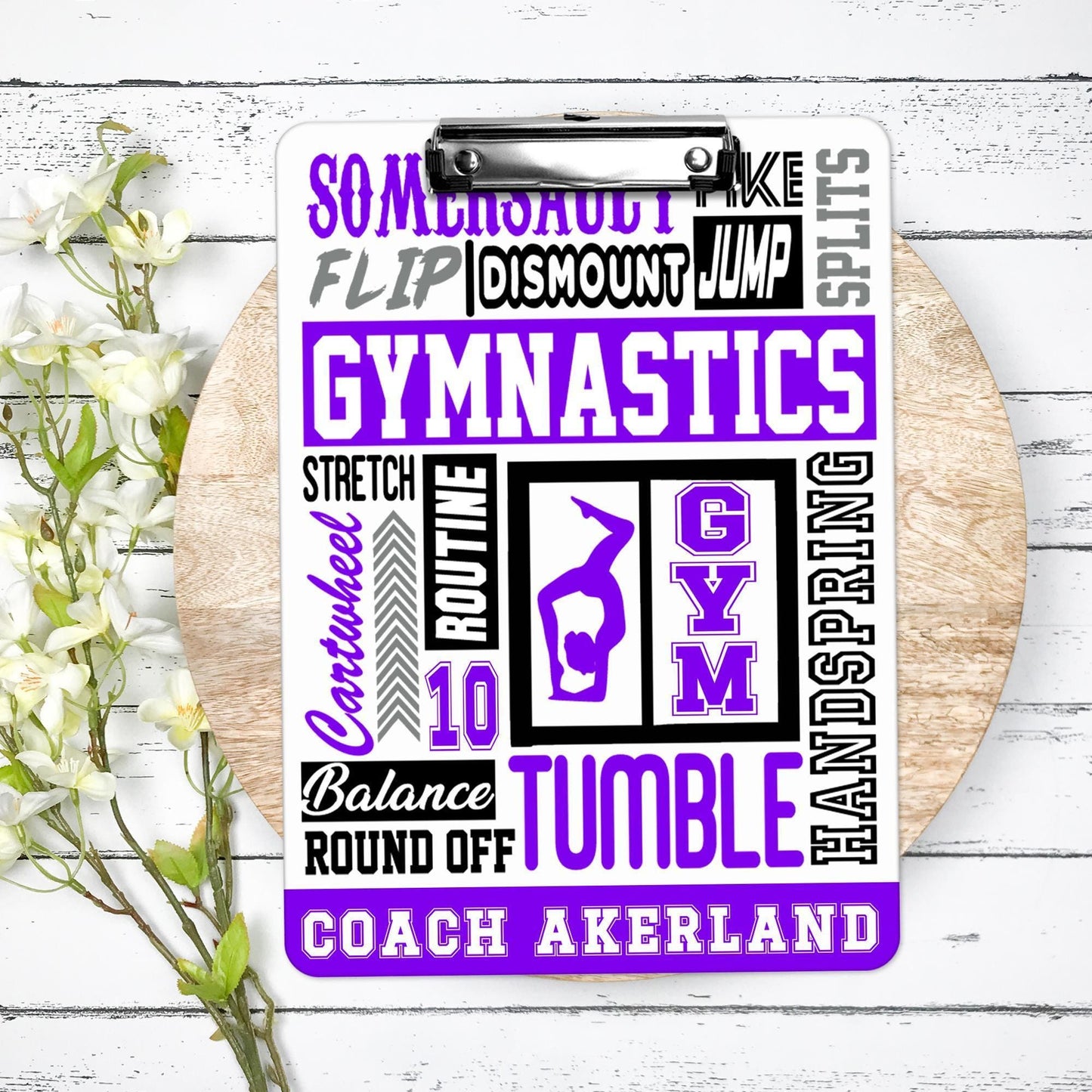 Purple Gymnastics Clipboard - Personalize with a name - Coach Appreciation Gift Dry Erase Surface - Double Sided
