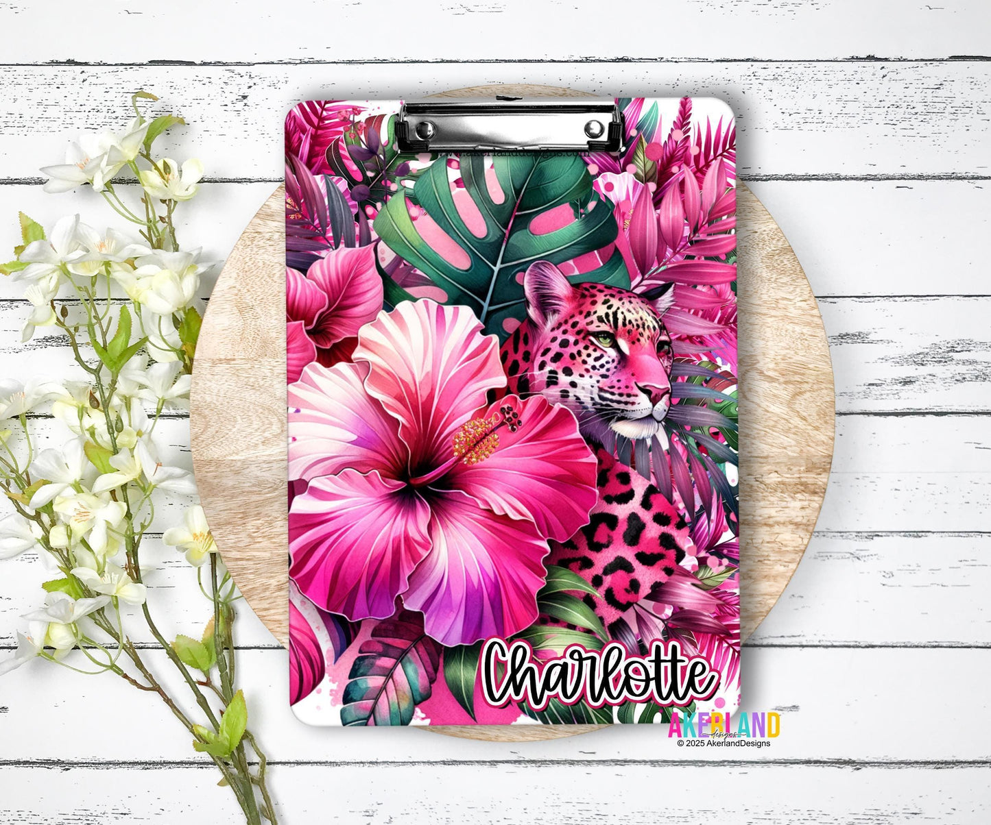 Hot Pink Leopard Tropical Theme Personalized Clipboard with design permanently printed on FRONT AND BACK, Not a sticker