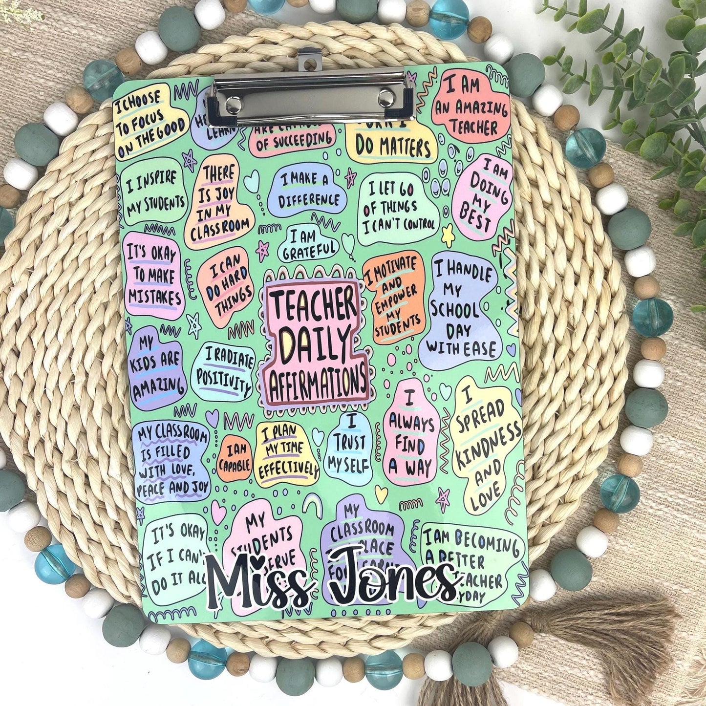 Teacher Daily Affirmation Clipboard with Personalization Front and Back | Gift for Teachers - Double Sided Green