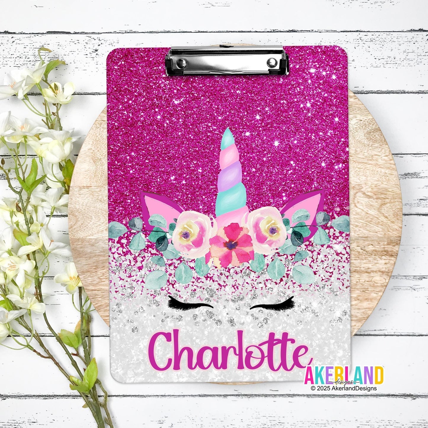 Pink Unicorn Clipboard with Name, design on both sides and Made in the USA!