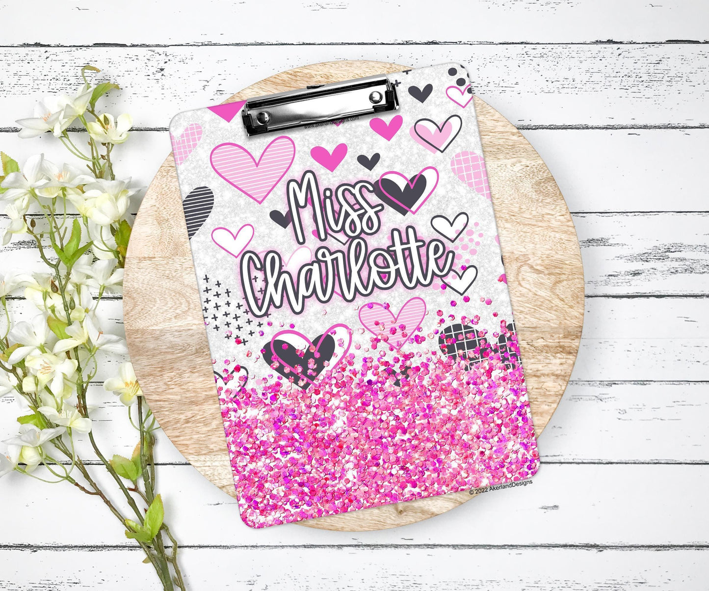Pink Hearts Clipboard with name - Design is printed on both sides of the clipboard - Not a sticker - Mini and Standard sizes available.