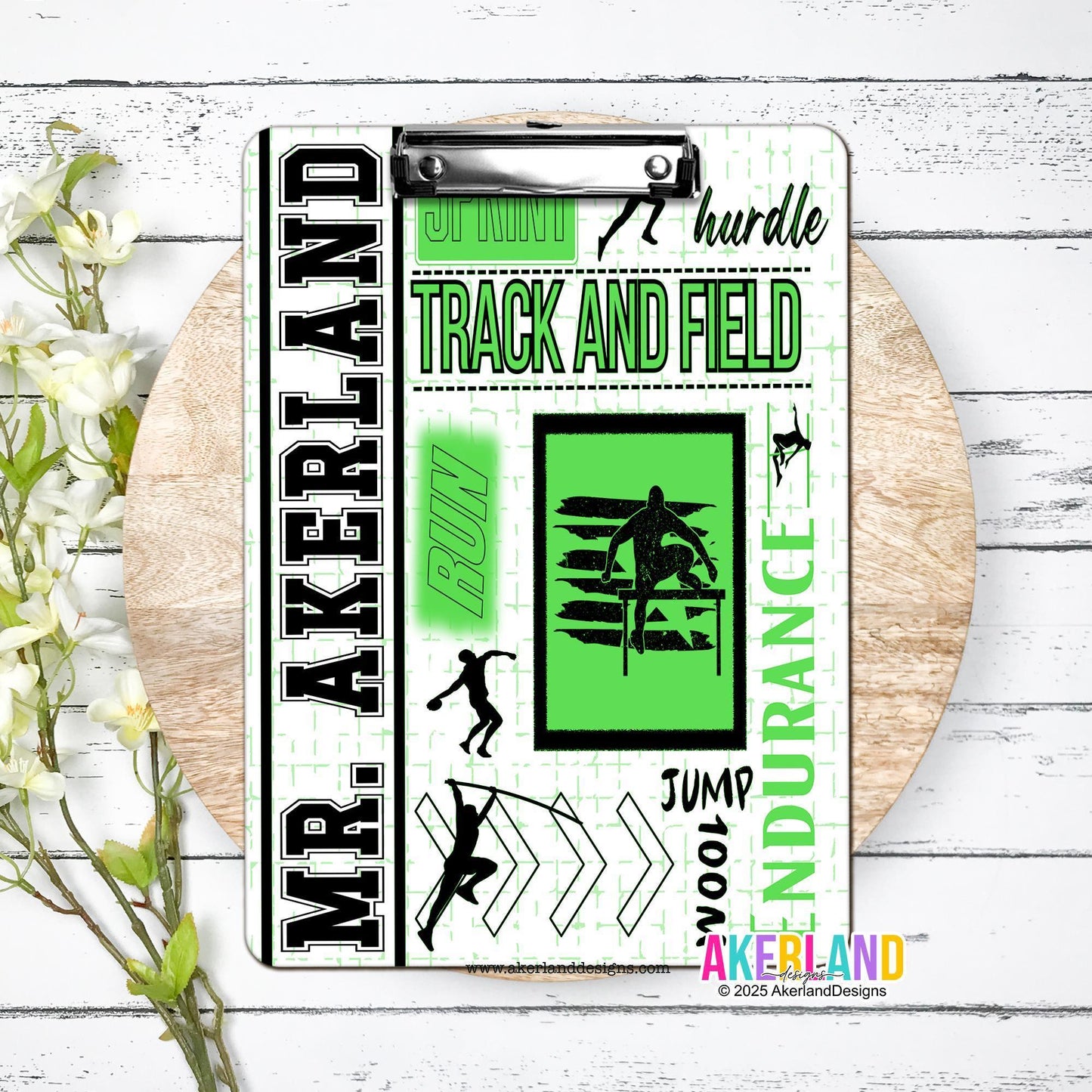 Green Track and Field Clipboard Design is printed on the front and back with a smooth glossy surface (Not Stickers) 6x9 inch or 9x12.5 inch