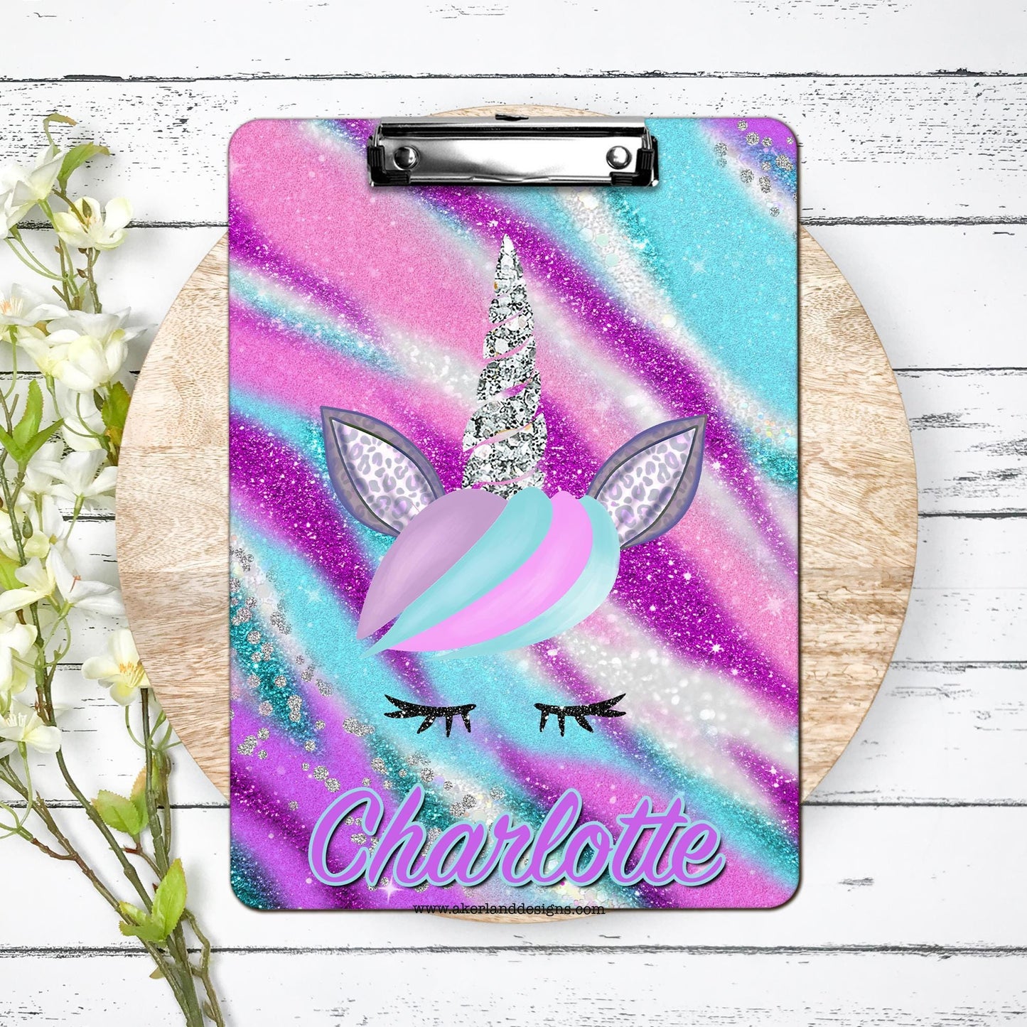 Unicorn Clipboard personalized with a name, Design is printed on front and back