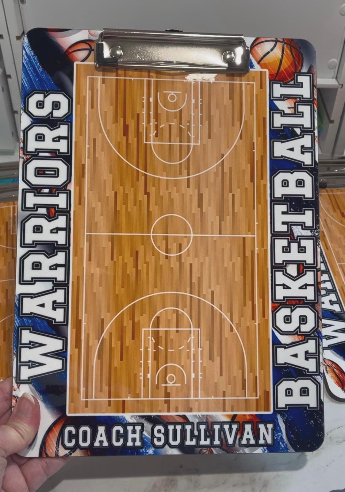 Blue Basketball Coach Clipboard Personalize with a name, School Mascot Coach Appreciation Gift Dry Erase Surface Double Sided 9x12.5 inches