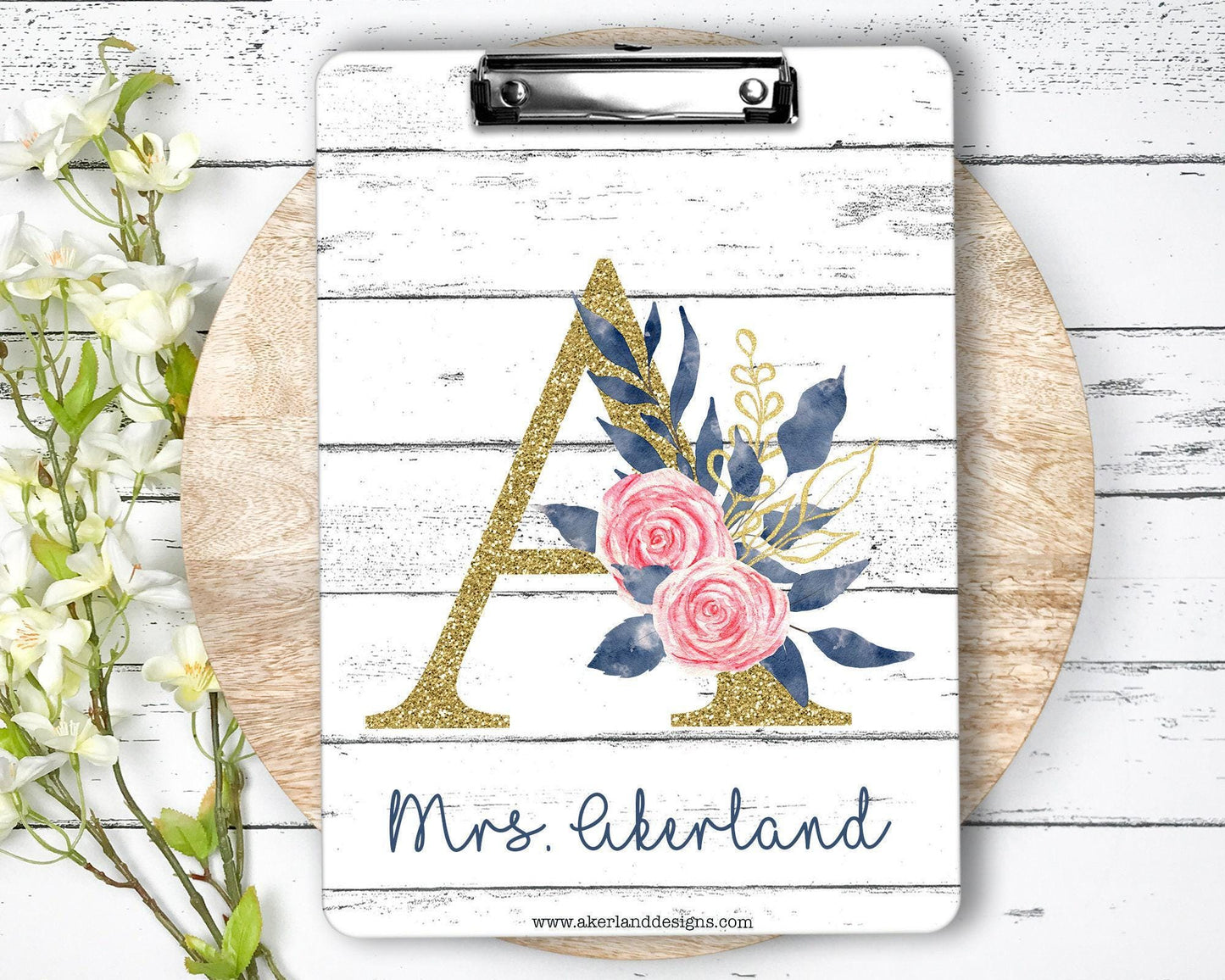 Monogram Flower Farmhouse Style Clipboard with Personalization Front and Back Letters A through Z Available - Double Sided