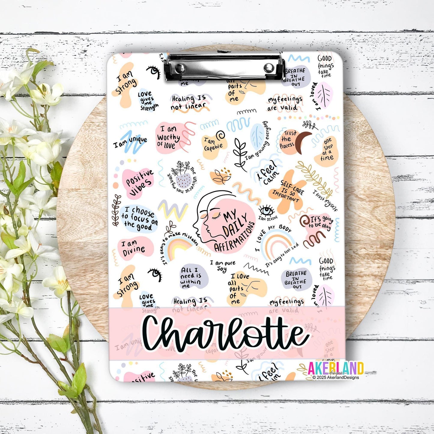 Affirmations Clipboard with Personalization, Design is on both sides of clipboard