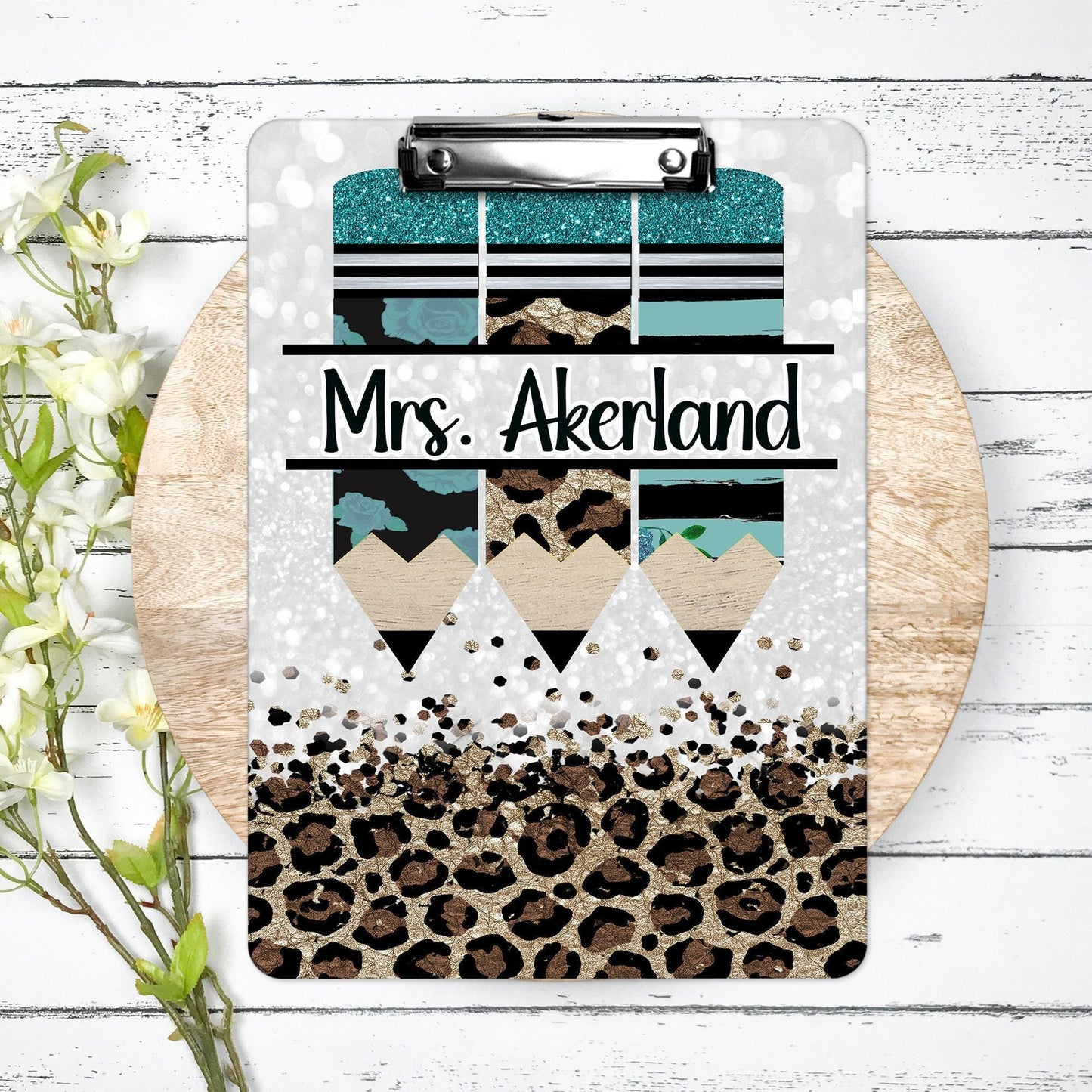 Teal Green Leopard Teacher #teacherlife Clipboard with Personalization Front and Back Gift for Teachers - Double Sided