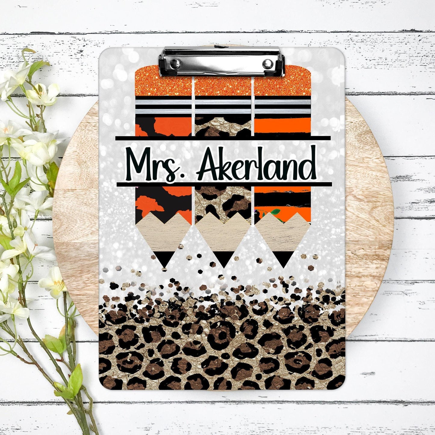 Teacher Clipboard with Personalization Front and Back Gift for Teachers - Double Sided Orange Leopard