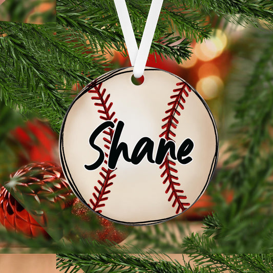 Baseball Christmas Ornament Acrylic 3" Round - different sports available, each one is personalized with a name