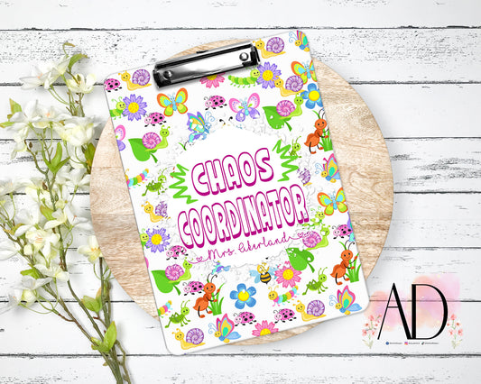 Teacher Garden Bugs Chaos Coordinator Clipboard with Personalization - Gift for Teacher - Teacher Appreciation Week Double Sided