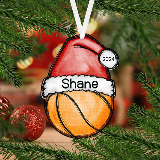 Basketball Santa Hat Christmas Acrylic Ornament - 8 different sports available, each one is personalized with a name and the year 2024