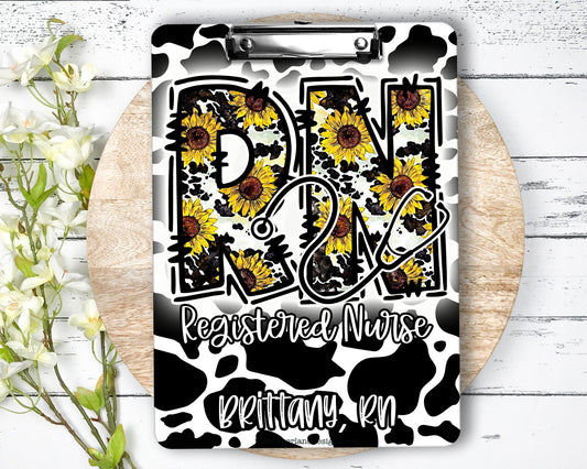 Nurse Clipboard with name front and back - Nurse Gift - Nurse Graduate Gift - Registered Nurse RN Gift Cow Print and Sunflowers