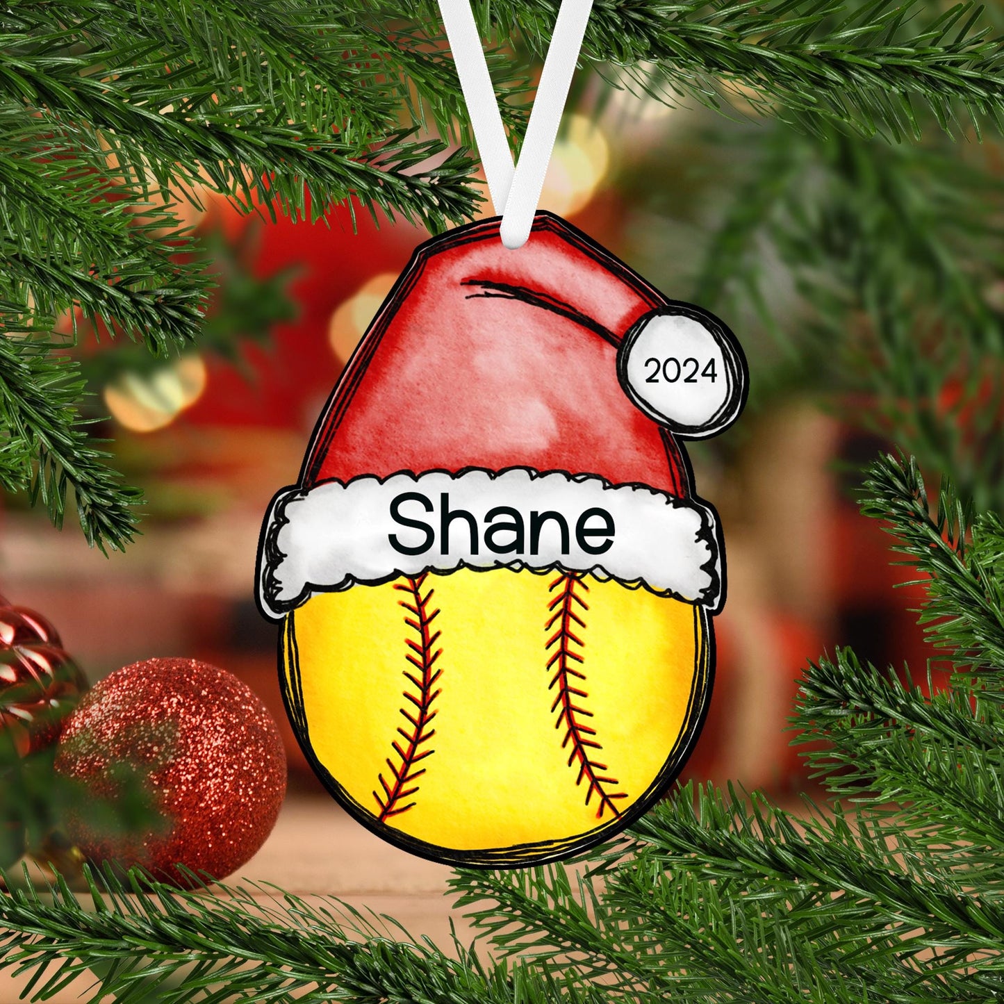 Soccer Ball Santa Hat Christmas Acrylic Ornament - 8 different sports available, each one is personalized with a name and the year 2024