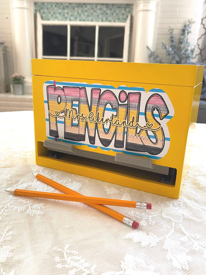 Pencil Dispenser Personalized for Teacher / Classroom Decor/ Gift for Teacher/ Teacher Appreciation Gift/ Yellow Wood Pencil Dispenser