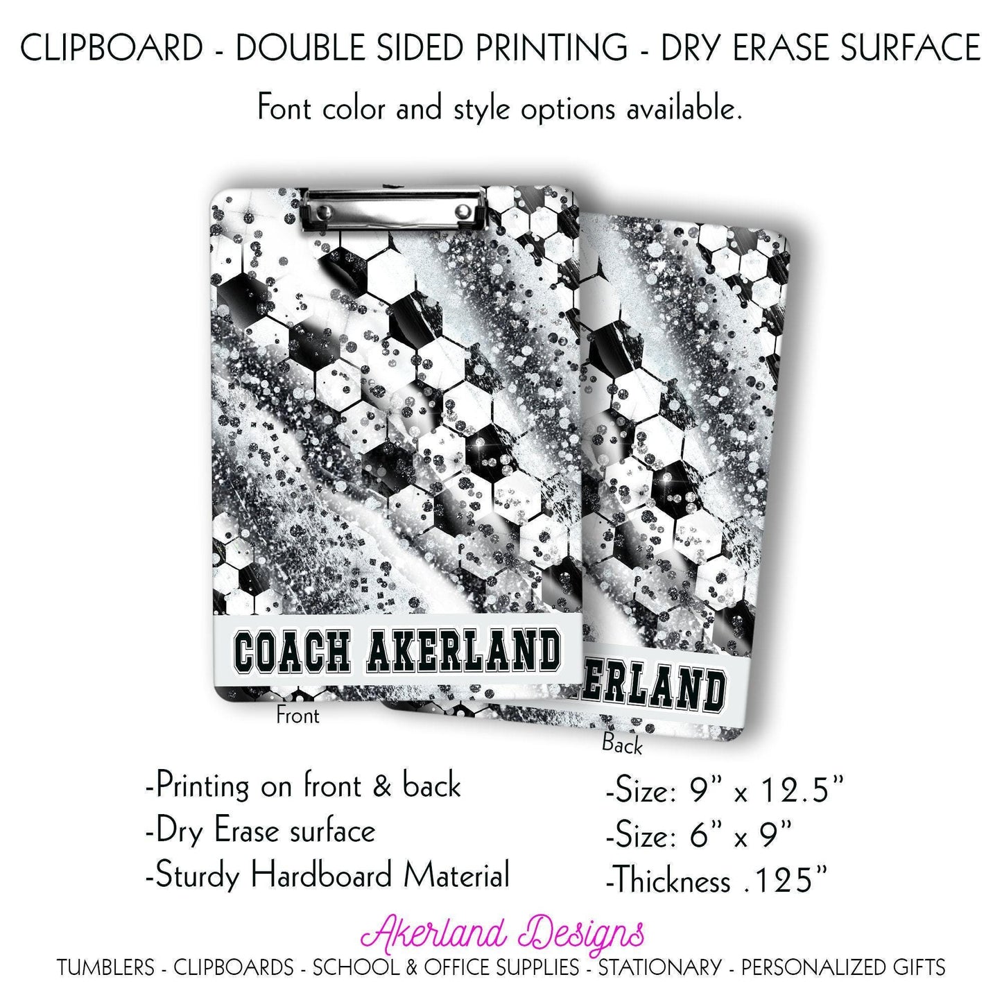 Black and Grey Soccer Coach Clipboard with Personalization Front and Back Gift for Soccer Coach - Double Sided