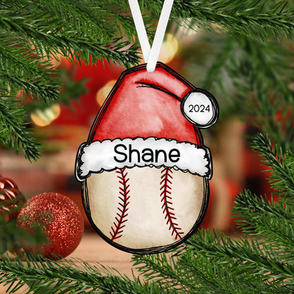 Soccer Ball Santa Hat Christmas Acrylic Ornament - 8 different sports available, each one is personalized with a name and the year 2024