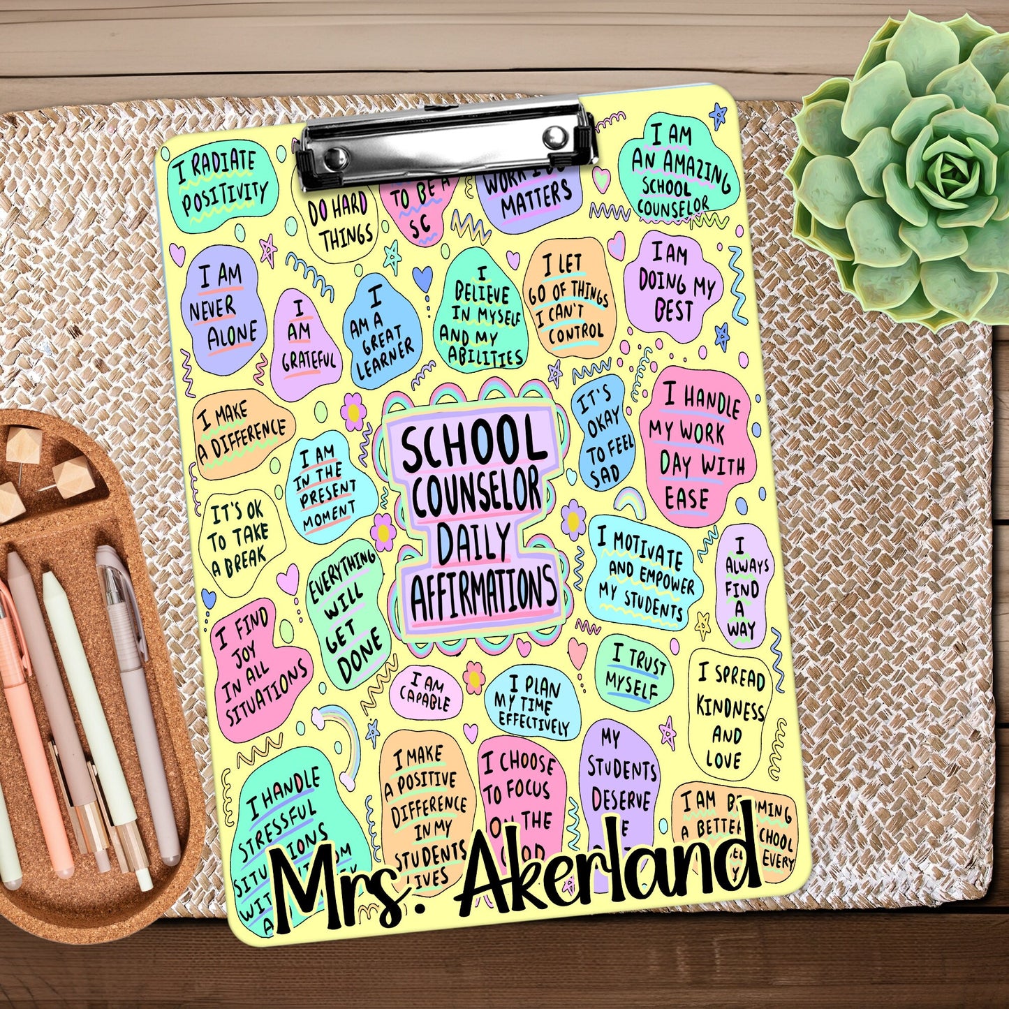 School Counselor Daily Affirmation Clipboard with Personalization Front and Back - Double Sided - Yellow