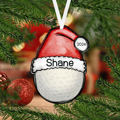 Soccer Ball Santa Hat Christmas Acrylic Ornament - 8 different sports available, each one is personalized with a name and the year 2024