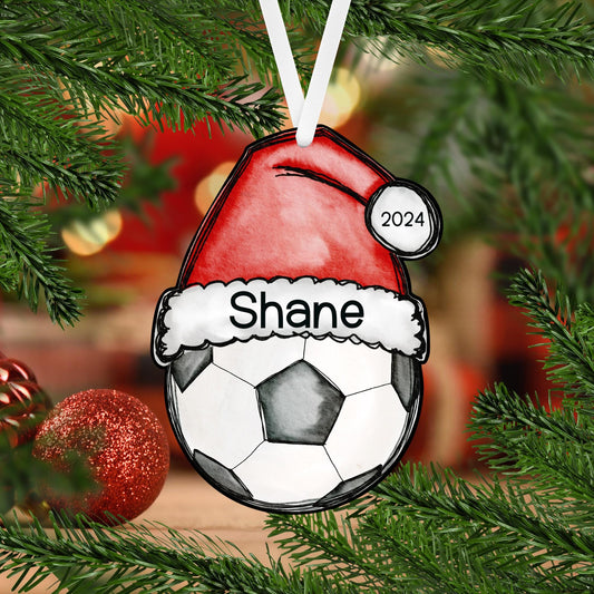 Soccer Ball Santa Hat Christmas Acrylic Ornament - 8 different sports available, each one is personalized with a name and the year 2024