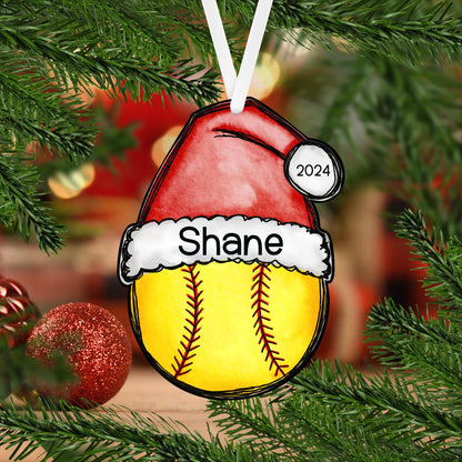 Baseball Santa Hat Christmas Acrylic Ornament - 8 different sports available, each one is personalized with a name and the year 2024