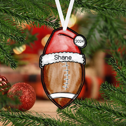 Football Santa Hat Christmas Acrylic Ornament - 8 different sports available, each one is personalized with a name and the year 2024