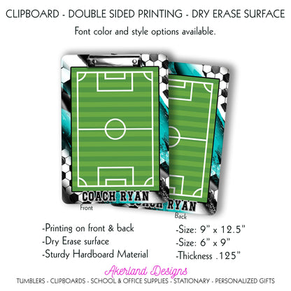 Teal Soccer Coach Clipboard with Personalization Front and Back    Gift for Soccer Coach - Dry Erase Surface - Double Sided