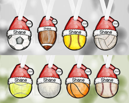 Football Santa Hat Christmas Acrylic Ornament - 8 different sports available, each one is personalized with a name and the year 2024