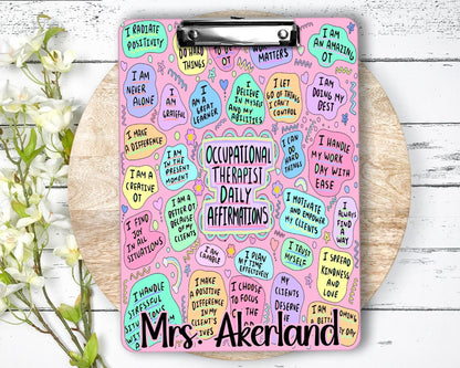 Occupational Therapist Daily Affirmation Clipboard with Personalization Front and Back - Double Sided Pink