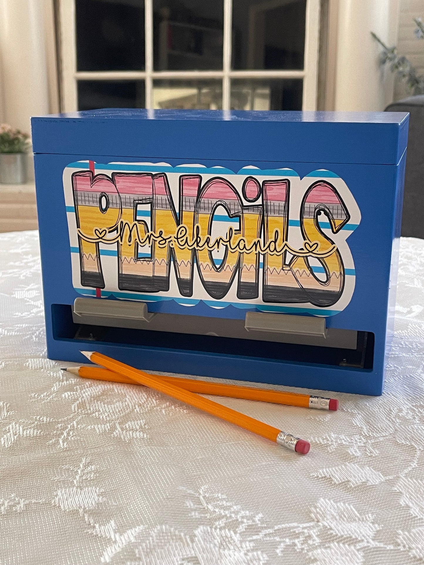 Pencil Dispenser Personalized for Teacher / Classroom Decor/ Gift for Teacher/ Teacher Appreciation Gift/ Blue Wood Pencil Dispenser