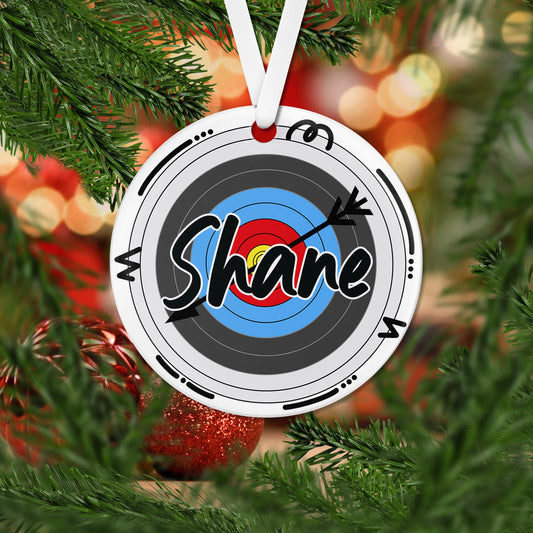 Archery Christmas Ornament Acrylic 3" Round - different sports available, each one is personalized with a name