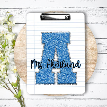 Personalized Blue Chenille Monogram Double Sided Clipboard, Teacher Clipboard, Student Clipboard, Sorority Clipboard