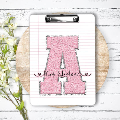 Personalized Pink Chenille Monogram Double Sided Clipboard, Teacher Clipboard, Student Clipboard, Sorority Clipboard