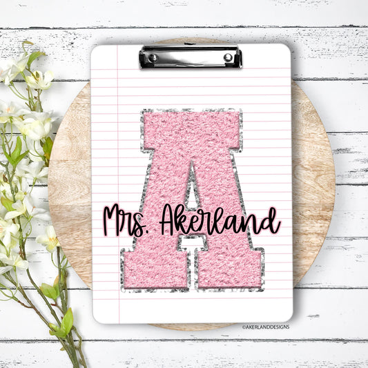 Personalized Pink Chenille Monogram Double Sided Clipboard, Teacher Clipboard, Student Clipboard, Sorority Clipboard