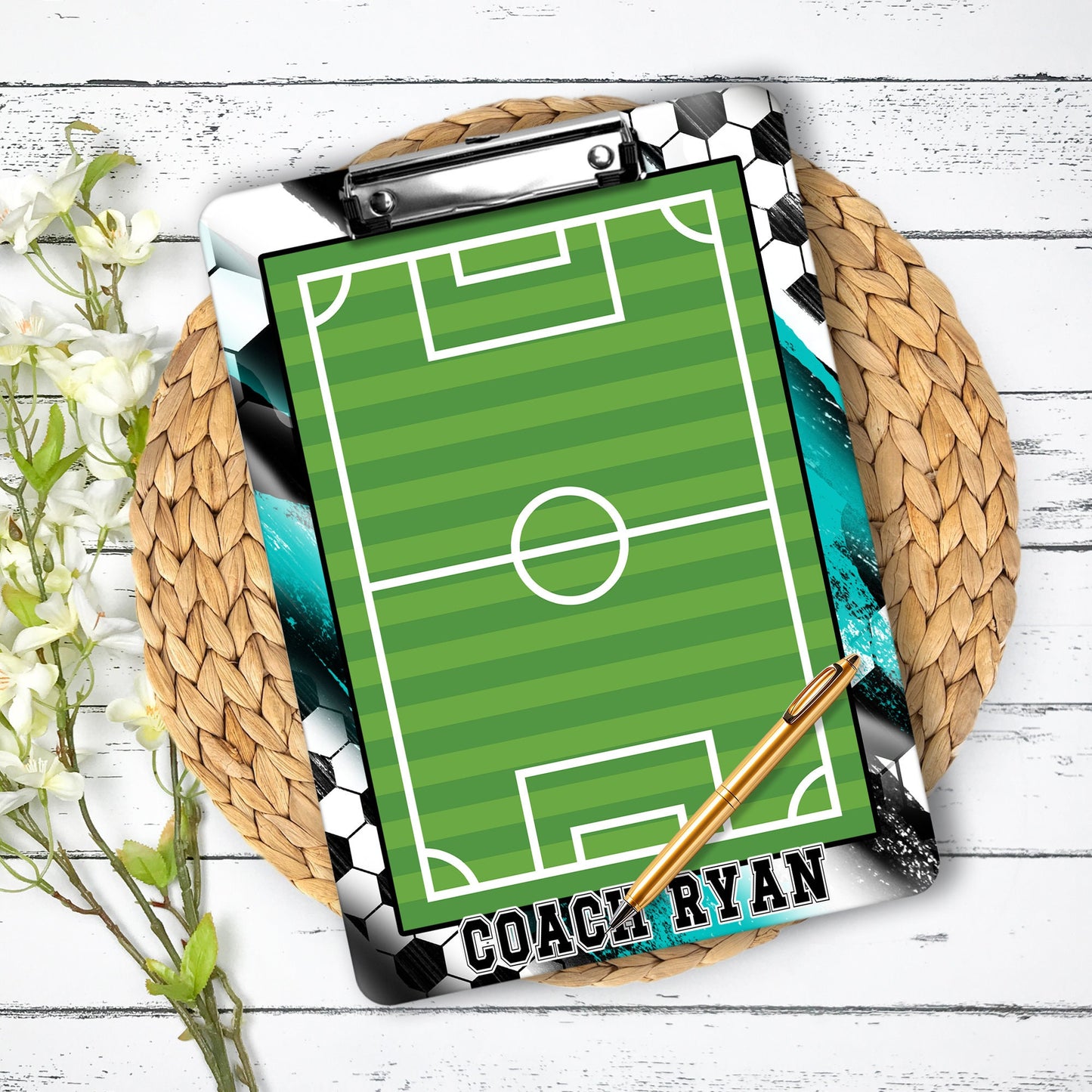 Teal Soccer Coach Clipboard with Personalization Front and Back    Gift for Soccer Coach - Dry Erase Surface - Double Sided