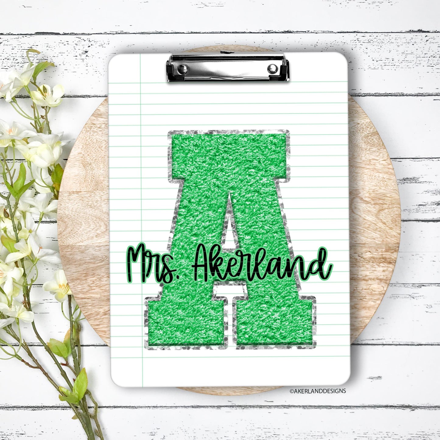 Personalized Green Chenille Monogram Double Sided Clipboard, Teacher Clipboard, Student Clipboard, Sorority Clipboard