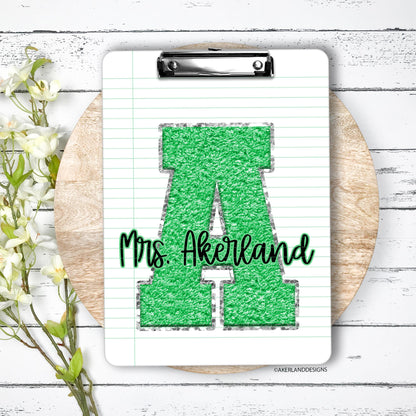 Personalized Green Chenille Monogram Double Sided Clipboard, Teacher Clipboard, Student Clipboard, Sorority Clipboard