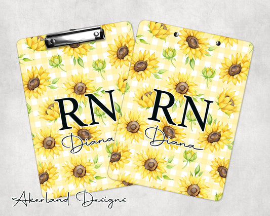 Yellow Sunflower RN Clipboard, Personalize with a name, Two sizes available - Double Sided