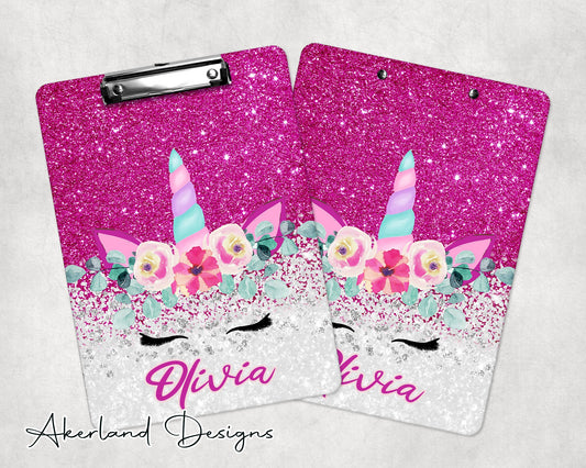 Pink Unicorn Sparkle Clipboard with Personalization Front and Back - Double Sided