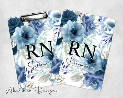 Blue Floral Nurse Clipboard, Personalize with a name, Two sizes available - Double Sided