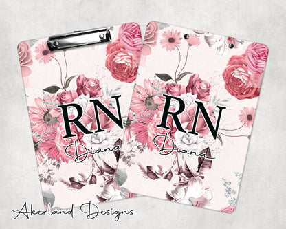 Pink Floral Nurse Clipboard Personalize with a name, Two sizes available - Double Sided