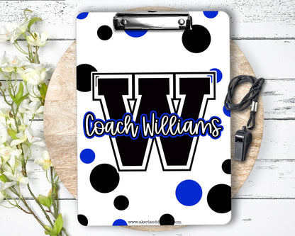 Blue and Black Sports Coach Clipboard with Personalization Front and Back - Gift for Coach - Choose your Colors and Font - Double Sided