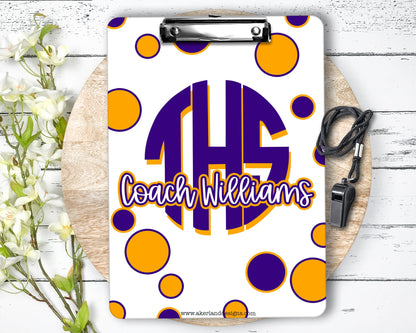 Purple and Orange Sports Coach Clipboard with Personalization Front and Back - Gift for Coach - Choose your Colors and Font - Double Sided