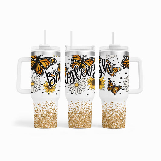 40 oz Tumbler with Handle - Butterfly - Mother's Day Gift - Teacher Appreciation Gift - Large Capacity Water Bottle - Custom Name