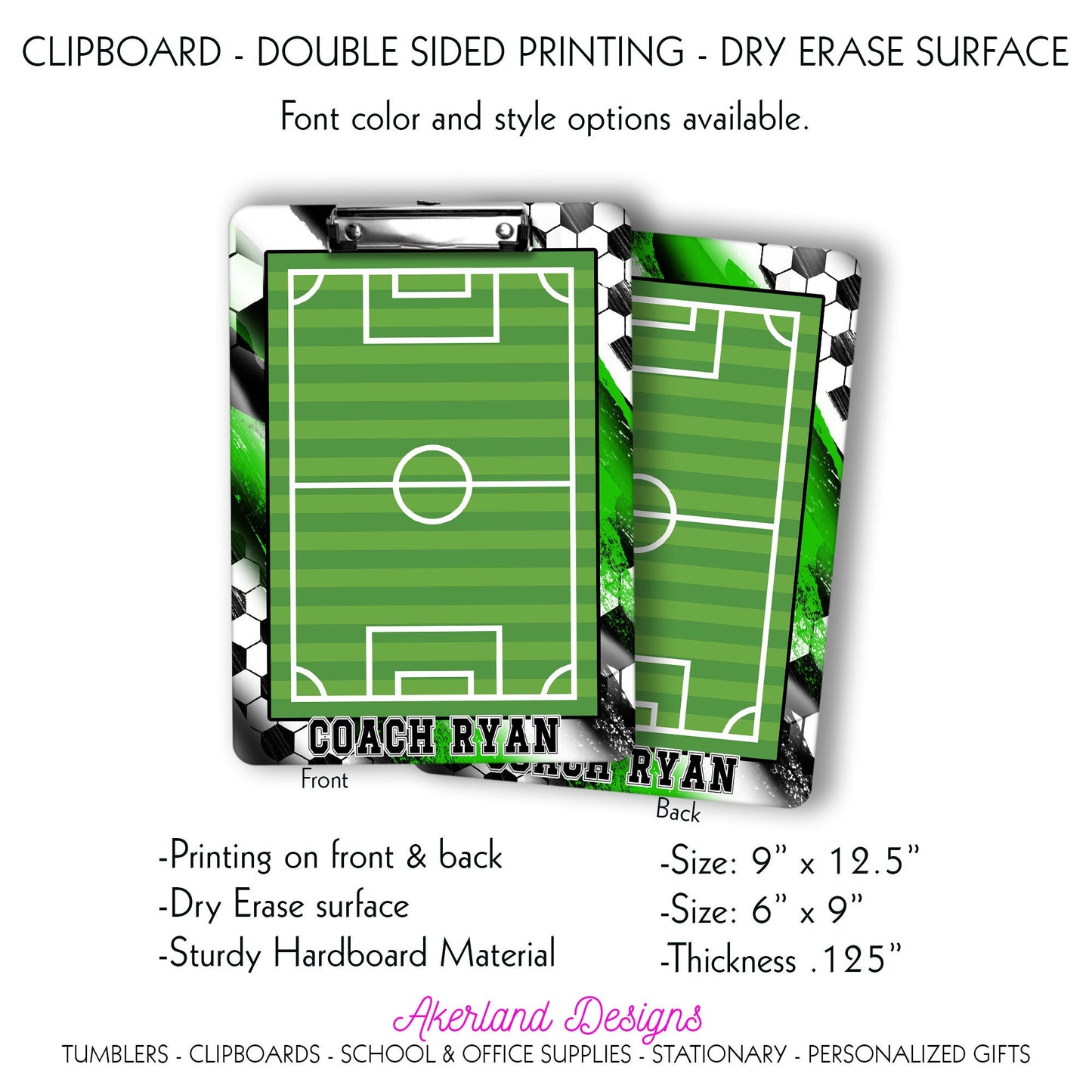 Green Soccer Clipboard - Gift for Soccer Coach - Dry Erase Surface - Double Sided