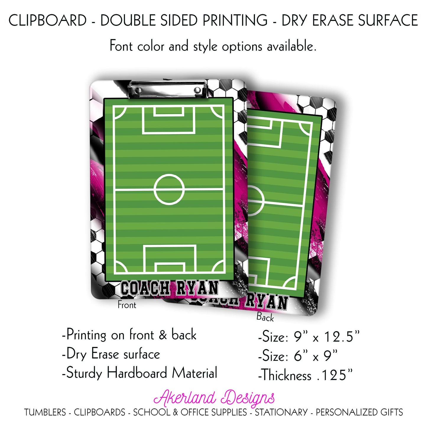 Pink Soccer Coach Clipboard with Personalization Front and Back - Gift for Soccer Coach - Dry Erase Surface - Double Sided