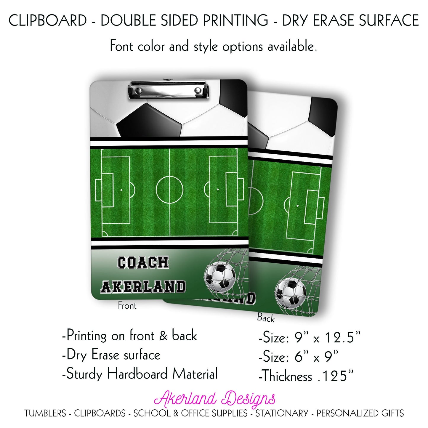 Soccer Clipboard with Personalization Front and Back - Gift for Soccer Coach - Dry Erase Surface - Double Sided