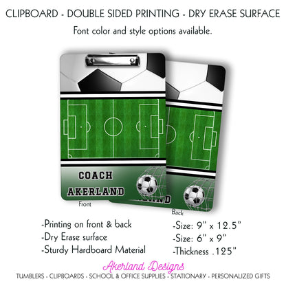 Soccer Clipboard with Personalization Front and Back - Gift for Soccer Coach - Dry Erase Surface - Double Sided