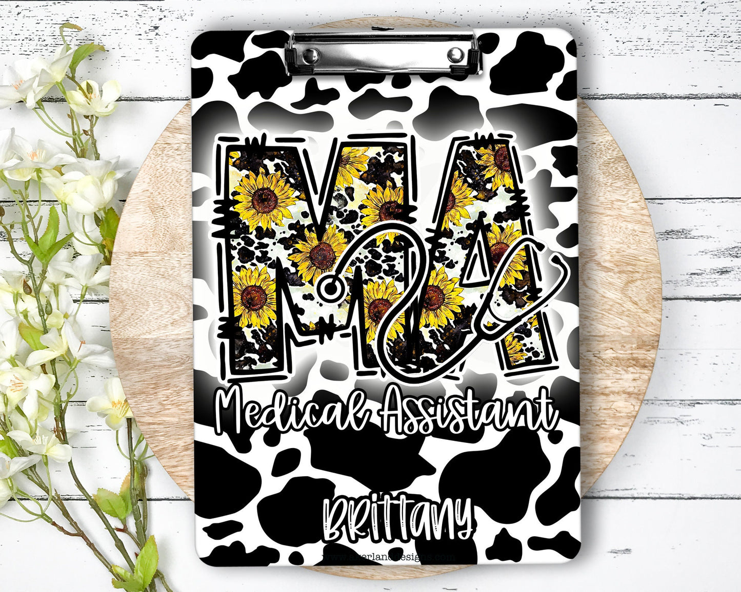 Medical Assistant Clipboard with name front and back - Nurse Gift - Nurse Graduate Gift - Medical Assistant MA Gift Cow Print Sunflowers